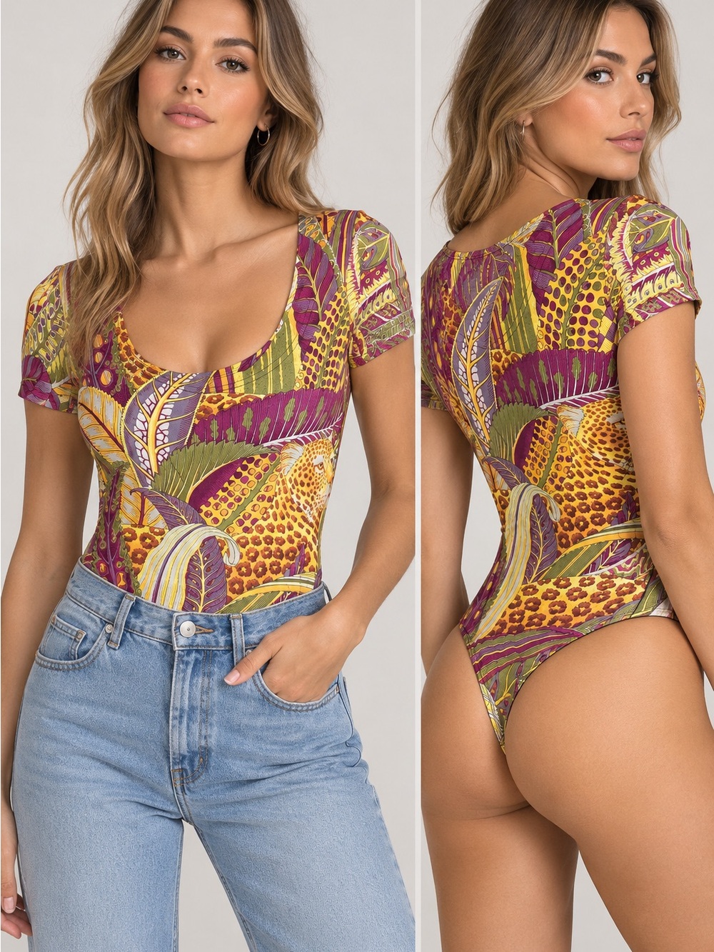 Salvatore Ferragamo Vintage Tropical Leopard Print Bodysuit – Size M